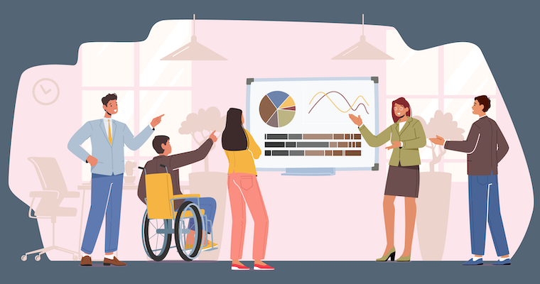 Graphic of faculty discussing data on a whiteboard