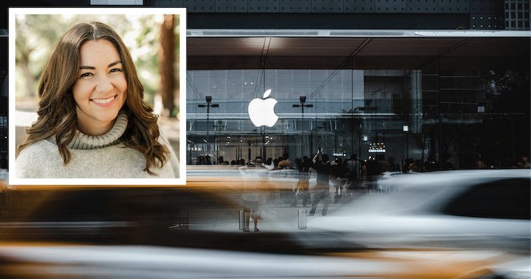 Leavey Alumni DeAnna Kneis headshot over an Apple store