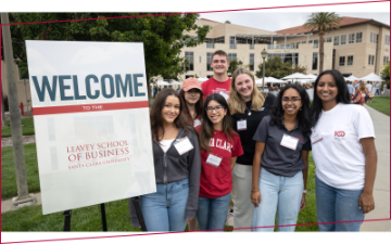 Undergraduate students next to sign starting Welcome to the Leavey School of Business