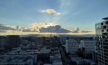 Cityscape view at sunset.