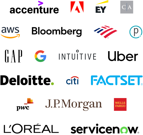 Logos for companies: Accenture, Adobe, Amazon Web Services, Bank of America, Bloomberg, Cambridge and Associates, Citibank, Deloitte, Ernst & Young, Factset, Gap, Intuitive Surgical, JP Morgan, L'Oreal, Protiviti, PwC, ServiceNow, Uber, Wells Fargo