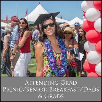Graduate with a lei at a picnic with 'Attending Grad Picnic Senior Breakfast Dads & Grads' text.