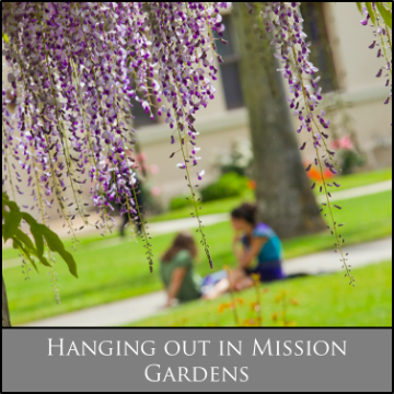 Two people sitting on grass below flowering tree. Text: