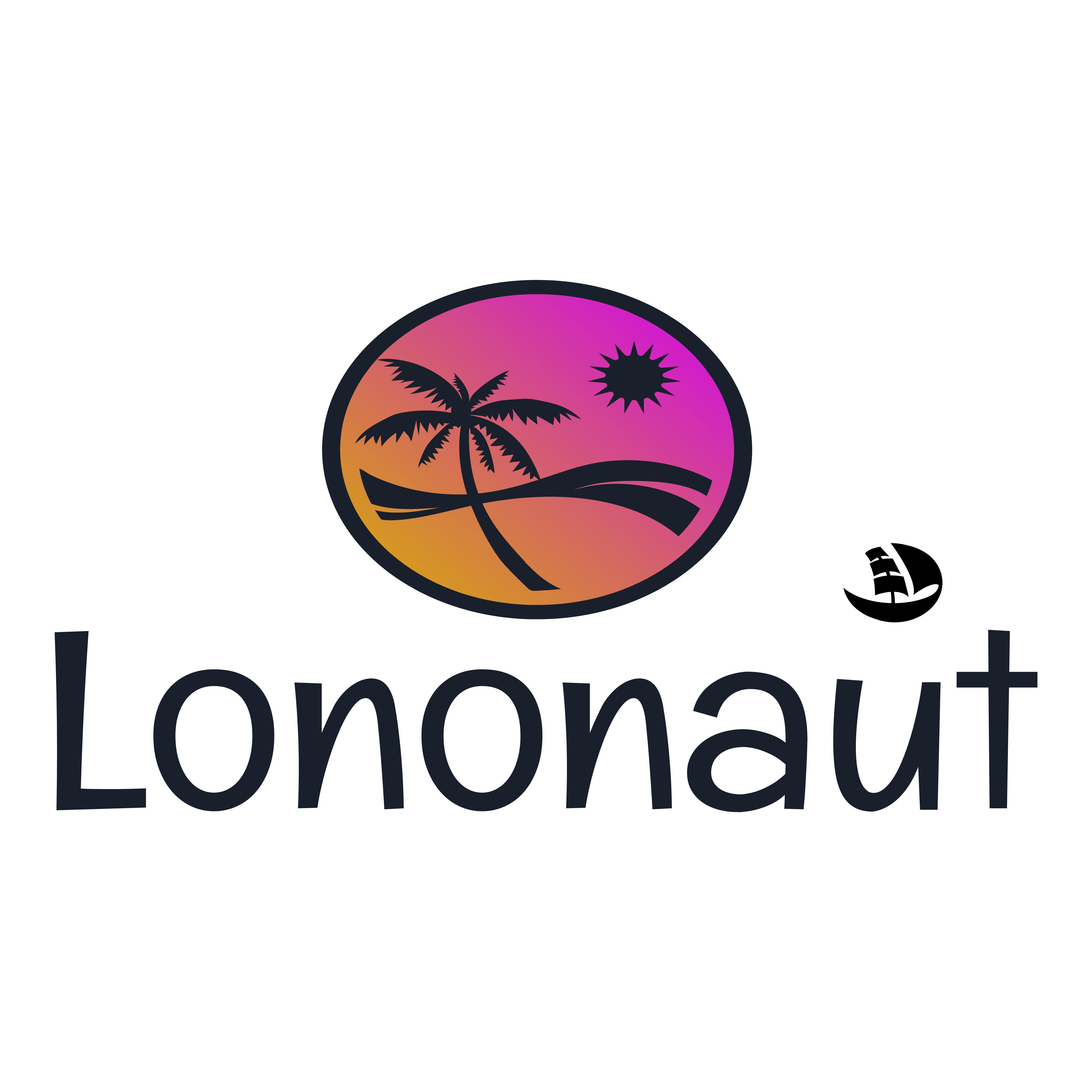 A ocean and palm tree logo with orange and pink gradient