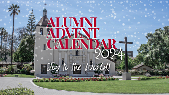 SCU Mission Church on a sunny day, overlaid with a filter to look like snowflakes. Text on the image reads