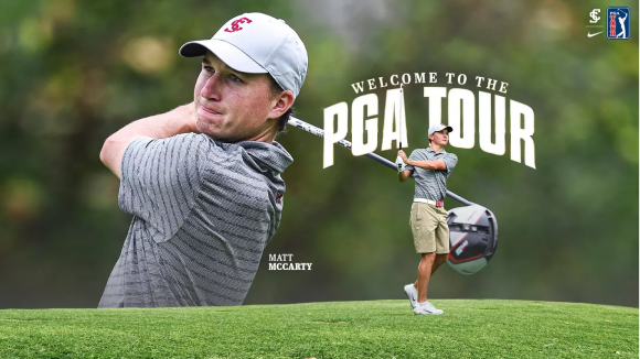 A young man swinging a golf club with overlaid text reading