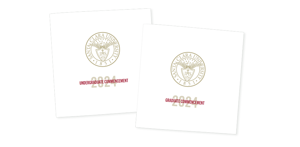 Two 2024 Santa Clara University commencement programs: one for undergraduates and one for graduates, each featuring the university seal