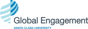 Blue and grey logo for Global Engagement Santa Clara University that features an abstract globe design