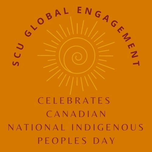 Photo with orange background, a drawing of a sun, and maroon lettering that reads,