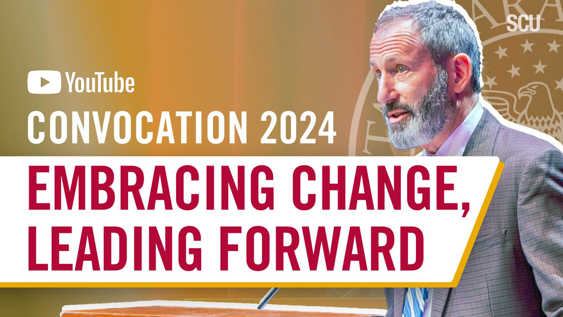 Provost Glaser at Convocation 2024 with text 'Embracing Change, Leading Forward'