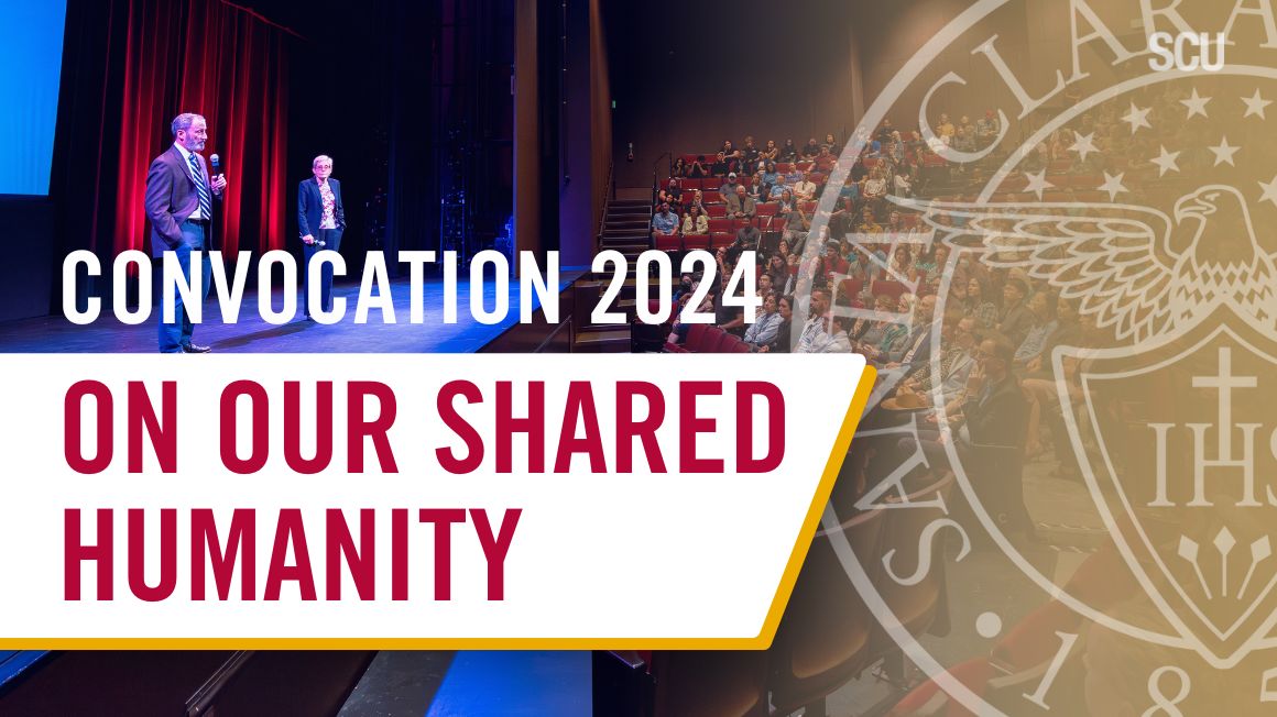 President Sullivan and Provost Glaser on stage at Convocation 2024 with text 'On Our Shared Humanity.'