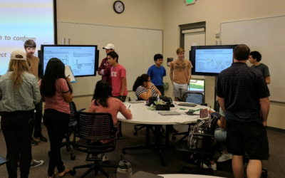 SCU students in the engineering classroom, collaborating 