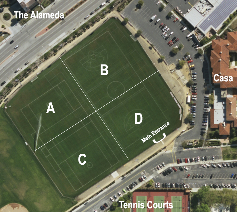 Image of Bellomy Field with labeled field locations A, B, C, & D