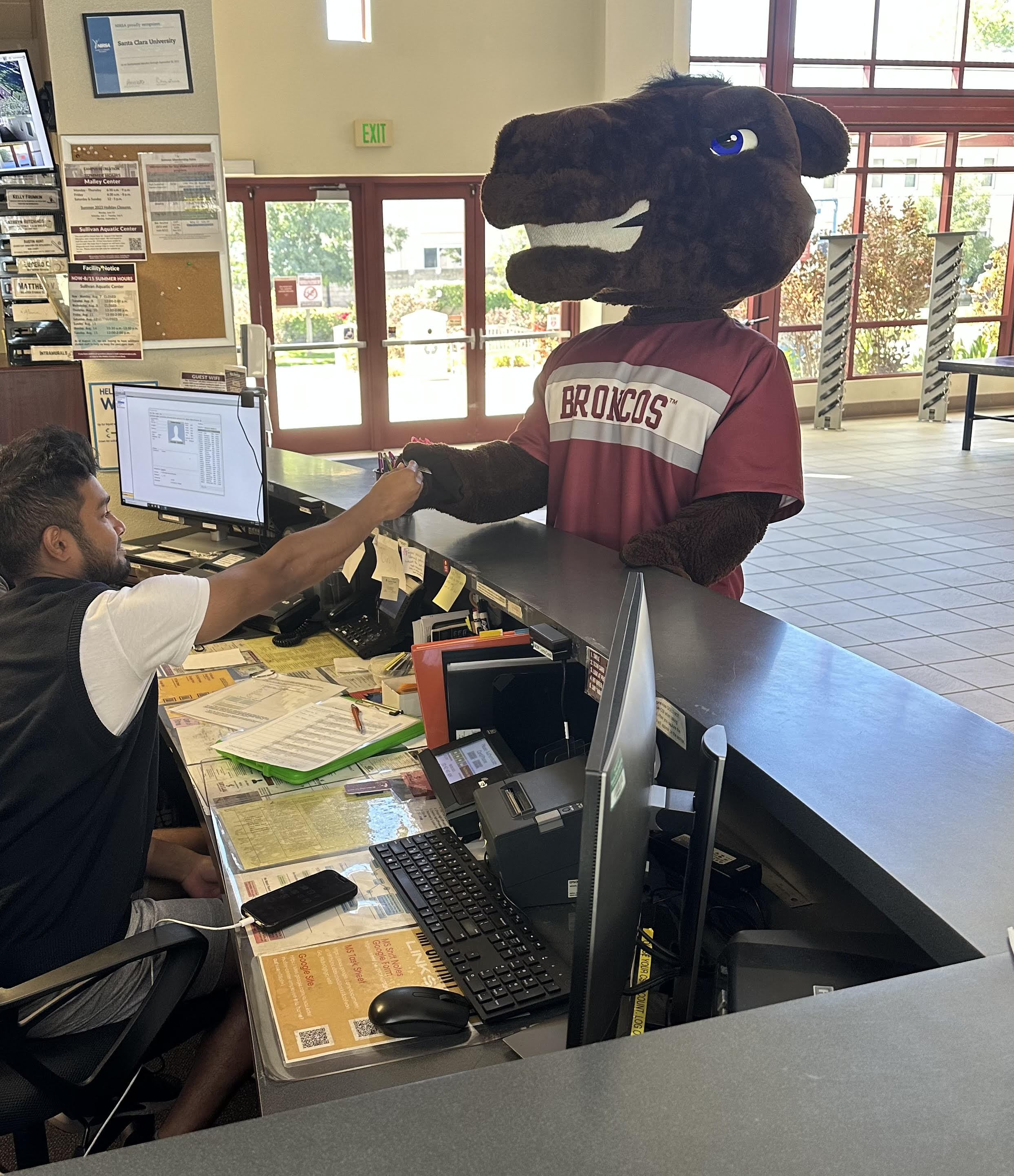 image of Bucky the mascot checking in to use the Malley Center