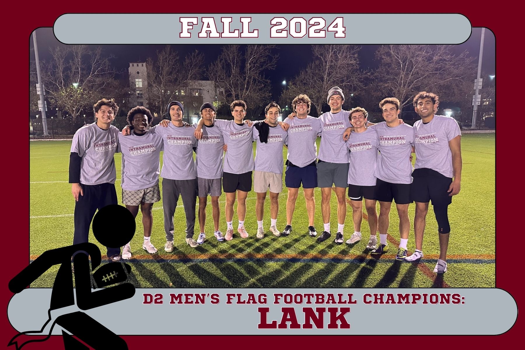 Photo of LANK posing on Bellomy Field with their IM Champ t-shirts following their D2 Flag Football Championship win.