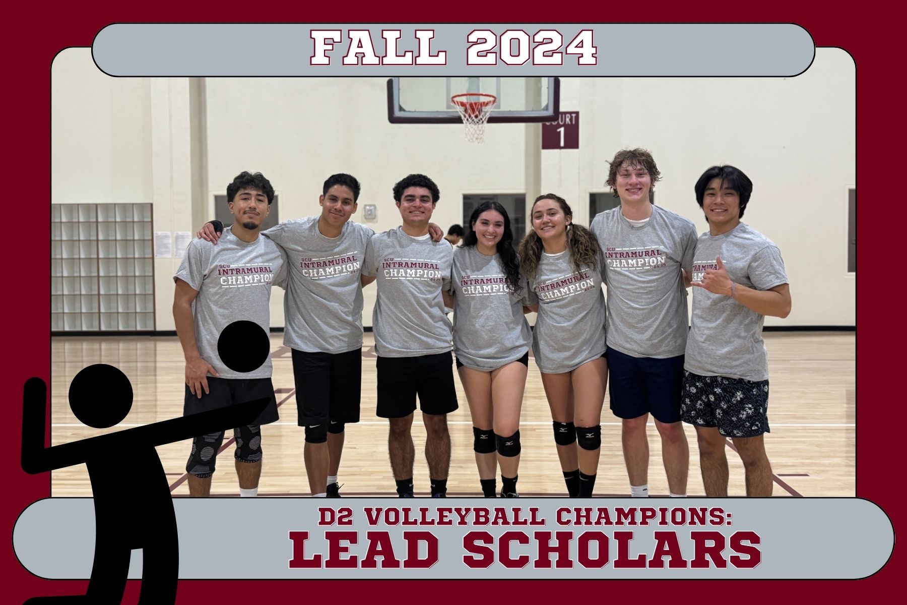 Photo of D2 Volleyball champs, LEAD Scholars, posing in the Malley Center with their championship t-shirts.