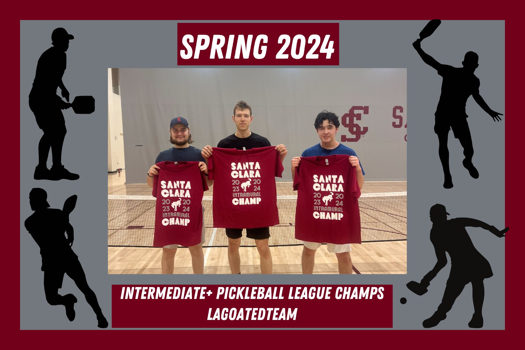 Photo of Lagoatedteam, posing in Malley with their IM Champion shirts after winning the intermediate pickleball league.
