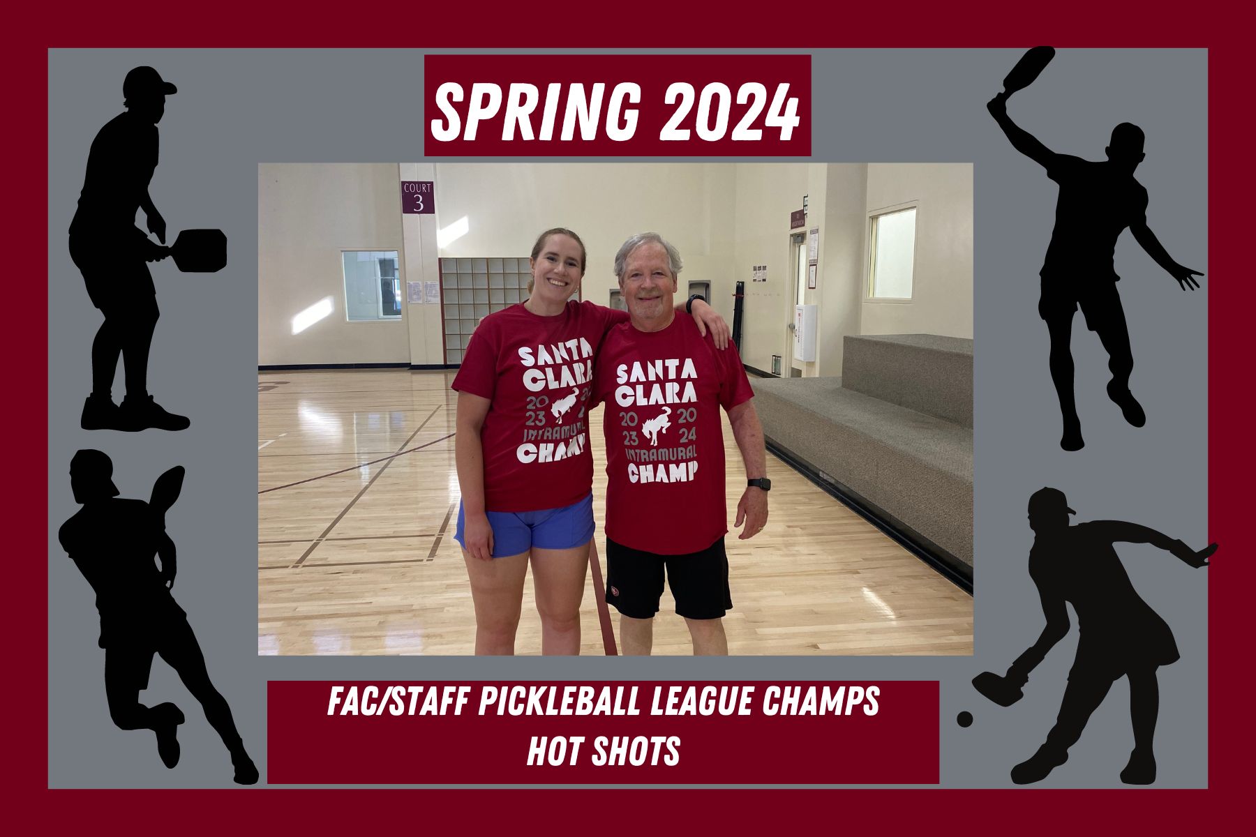 Photo of Hot Shots, posing in their IM Champion t shirts after winning the Spring Faculty/Staff pickleball league.