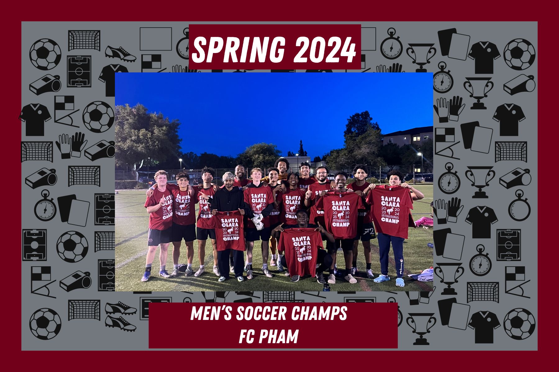 Photo of Men's Soccer Champions, FC Pham, posing with their IM Champ T-Shirts on Bellomy Field