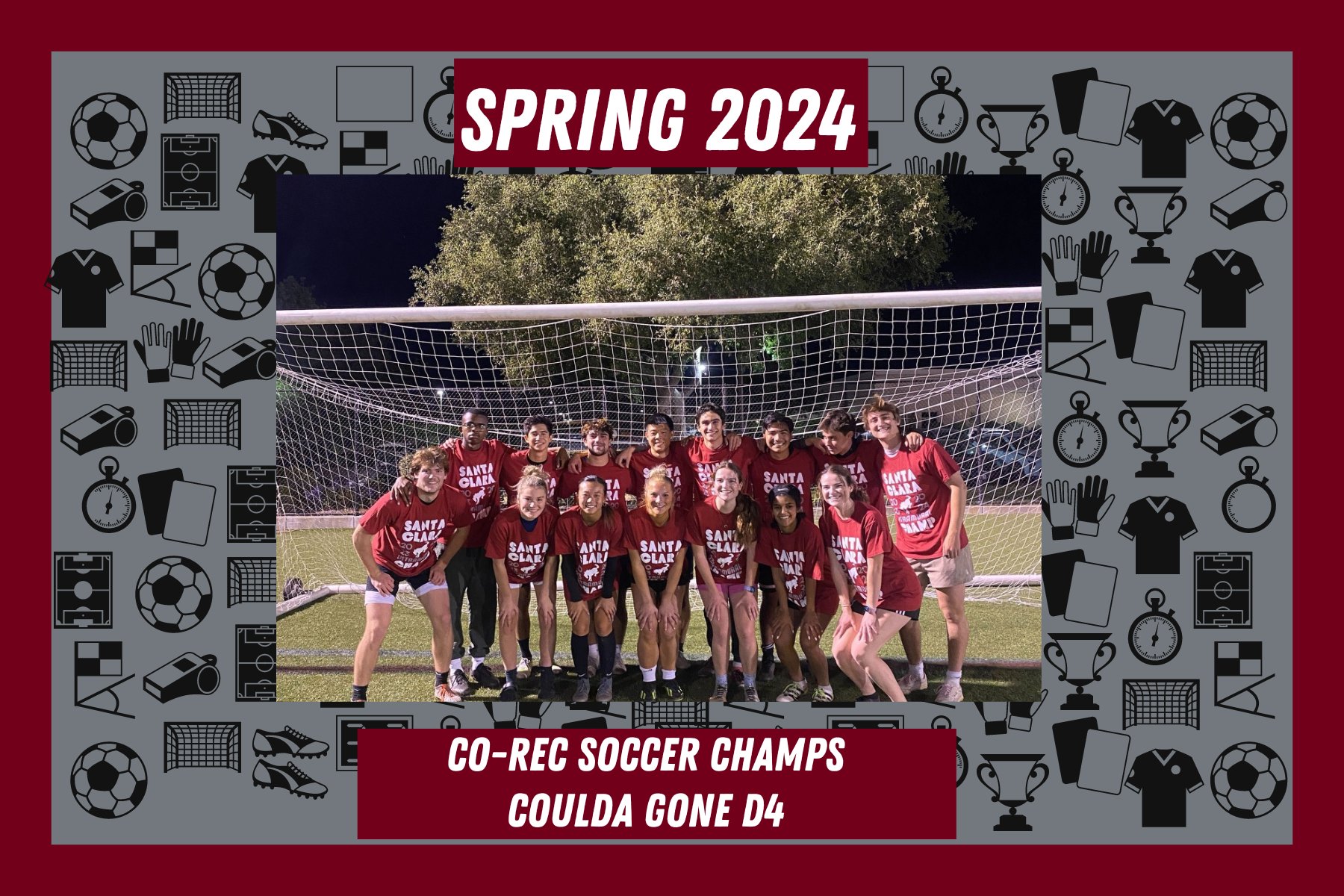 Photo of spring co-rec soccer champions, Coulda Gone D4, posing on Bellomy Field with their IM Champion T shirts in front of the soccer goal.