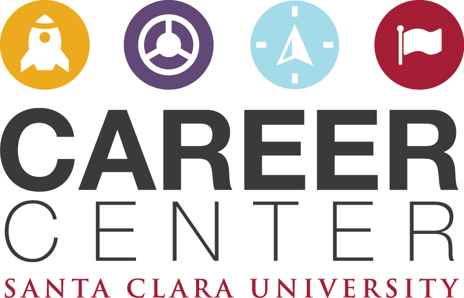 Circles with a spaceship, a steering wheel, an arrow, and a flag to represent The Career Center