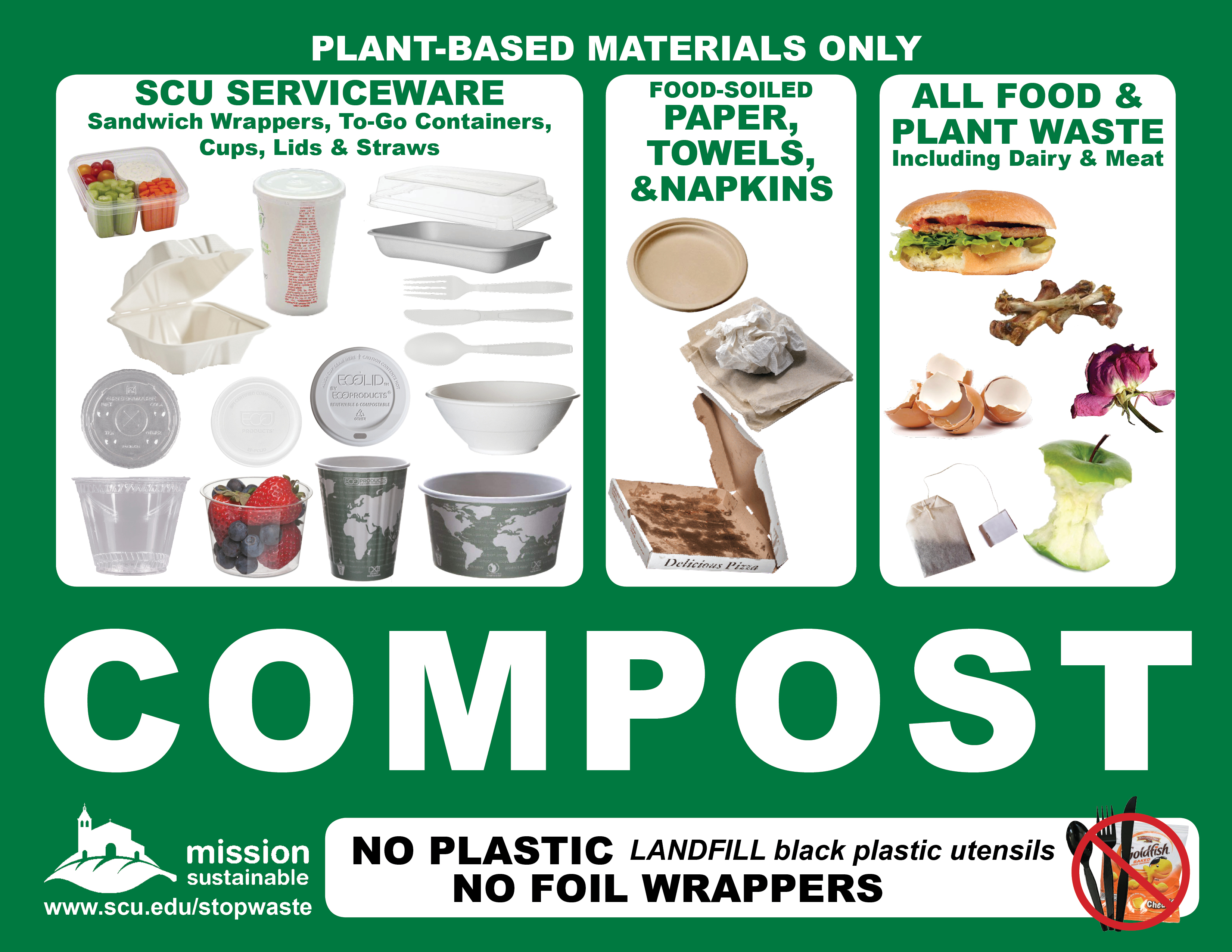 Sign showing food, SCU serviceware, and napkins that can be composted - Image of items that can be composted, such as food, SCU serviceware, and napkins Link to file