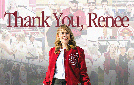 A woman in red letterman's jacket with the words Thank You, Renee image link to story