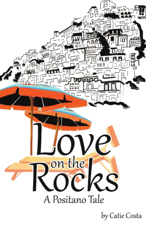 Black and white sketch of a hillside city behind colorful deck chairs and umbrellas. Overlaid text reads 