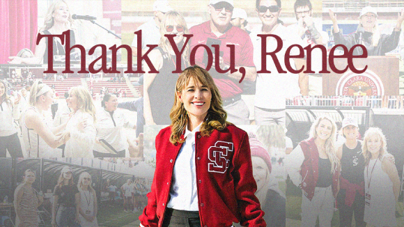 A woman in an SCU-branded varsity jacket. Red text behind her says 