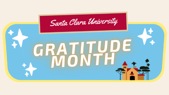 A cartoon-style illustration of SCU's Mission Church under text reading 'Santa Clara University Gratitude Month'