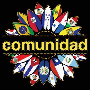 Latin country flags in the shape of a sunflower with the word comunidad (community) in the middle.