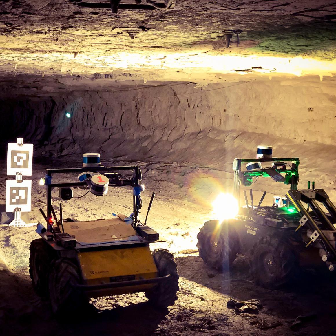 Two autonomous robots locate a target in a tunnel image link to story