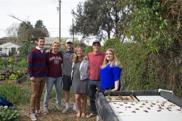 Pre-social distancing, teammates in SCU’s Forge Garden with their hydroponic system. From left: Andrew Feldmeth, Alex Estrada, Carson Edgerton, Claire Pavelka, Andrew Jezak, Katya Fairchok image link to story