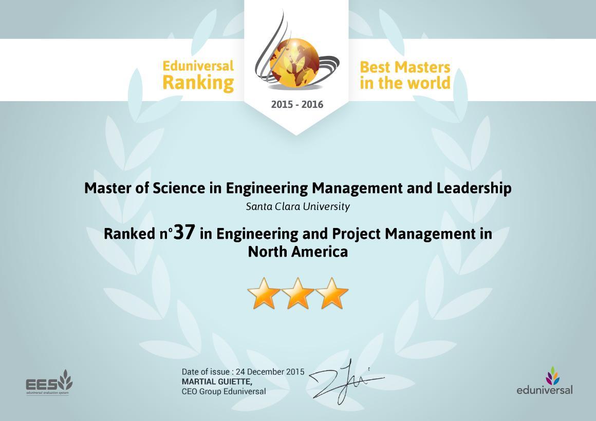 A diploma showing SCU's Engineering Management and Leaderships ranking as #37 by Eduniversal.