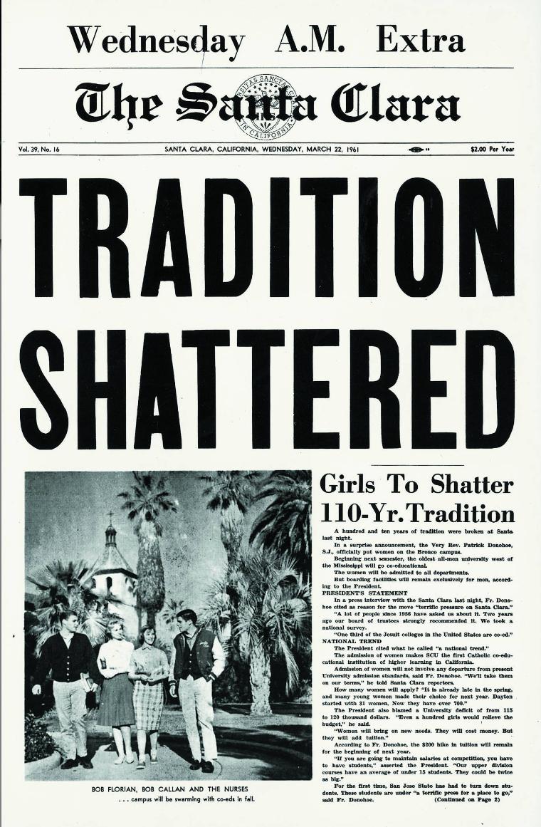 Front page of The Santa Clara announcing admittance of women to SCU.